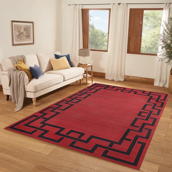Tapis Moderne Rouge à Motif Géométrique Noir – Salon & Chambre